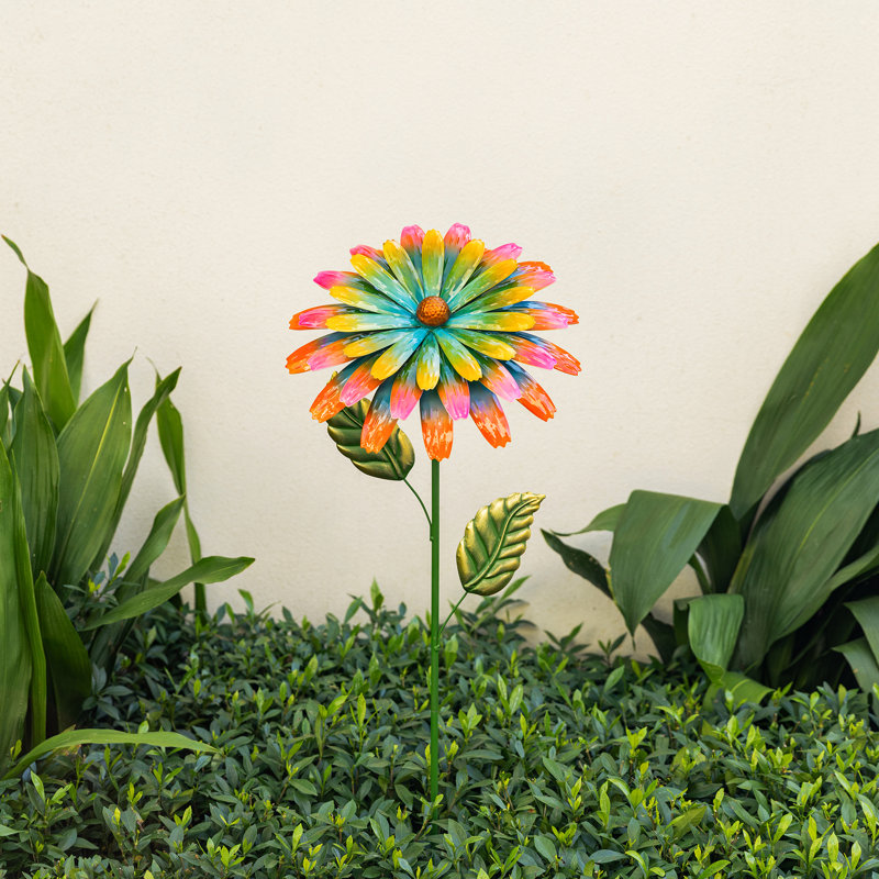 41"H Red And Green Garden Metal Flower Garden Stake, Green/Yellow/Orange