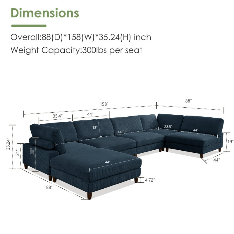 Canapé modulaire en velours côtelé 6 pièces, Velours côtelé bleu