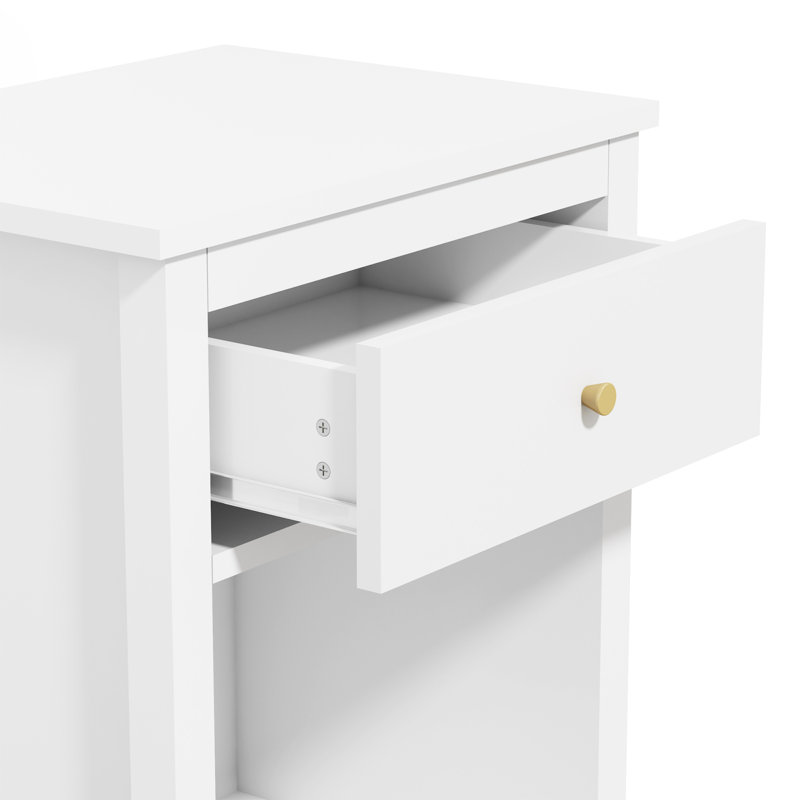 Table de chevet en bois de 26,77 po de hauteur avec un tiroir et une tablette pour enfants, adultes, blanc et poignée dorée