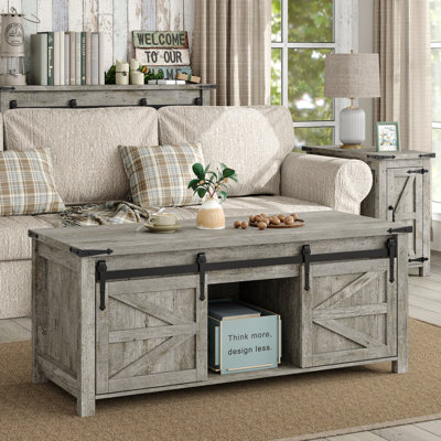 Jaquavion Coffee Table, Farmhouse Lift Top Coffee Table with Hidden Storage and Sliding Barn Door for Living Room