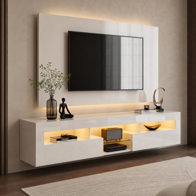 Modern Floating TV Stand Up to 80" TVs, High Glossy Wall Mounted Hanging TV Stand with LED Light, Floating Entertainment Center Media Console Shelf with 2 Cabinets for Living Room, Bedroom, White