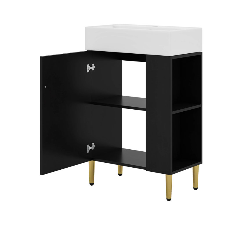 Bathroom Storage Cabinet, Single Ceramic Sink, Right Side Storage, Black