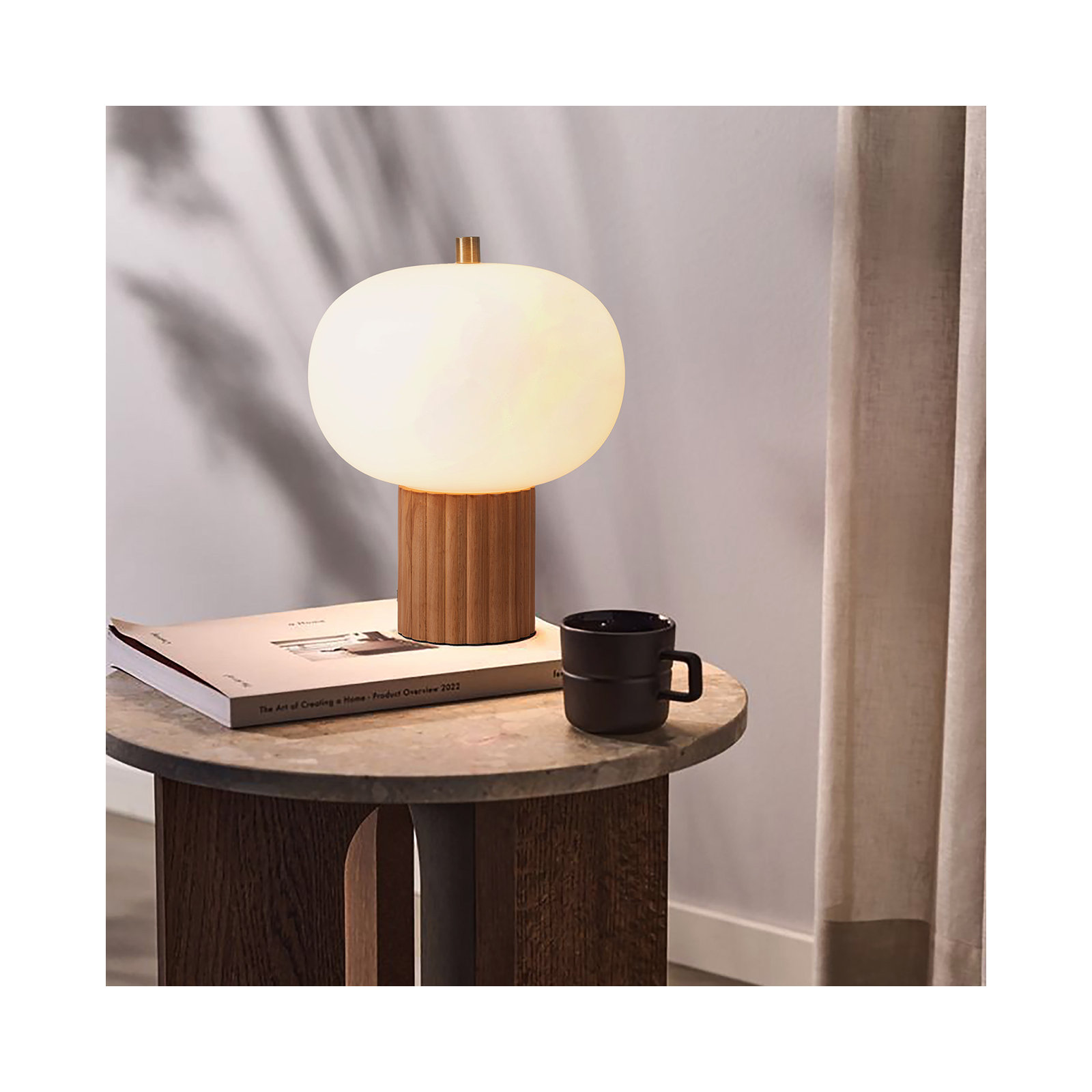 Tambo Accent Table Lamp - Dark Walnut Wood Finish, Weathered Brass, White Oval Opal Glass Shade, Natural Ash