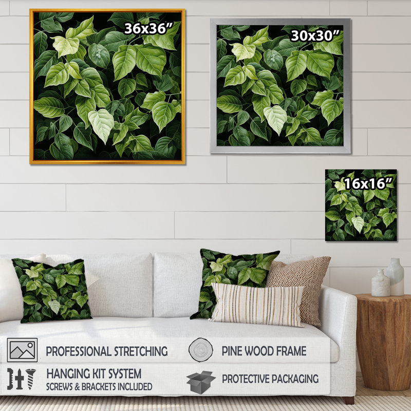 Toile ivoire ivoire à feuilles vertes, Cadre doré simple, H 16 po x l 16 po x P 1 po