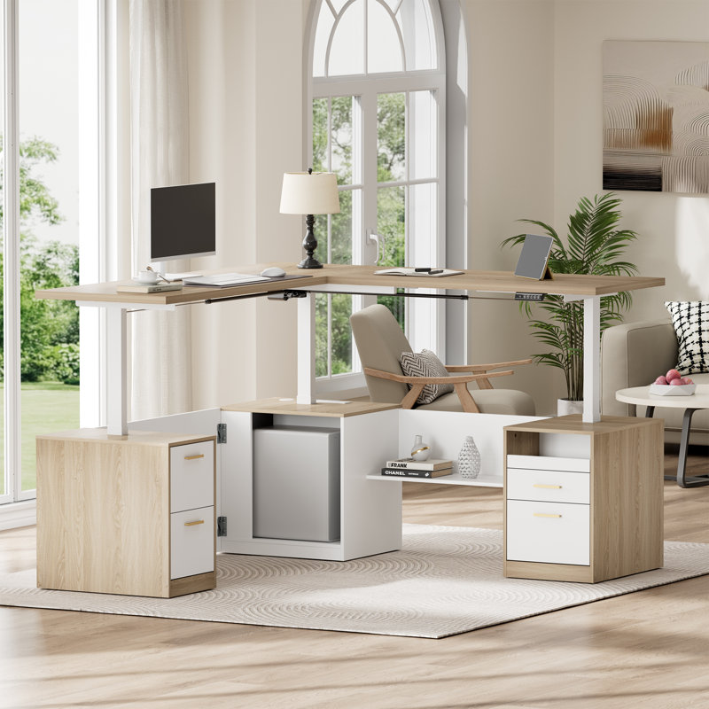 70" L-Shaped Electric Height-Adjustable Standing Desk, Solid One-Piece Top With Pull-Out Tray, 4-Drawer Executive Desk With Privacy Panel & Built-In Charging For Home Office