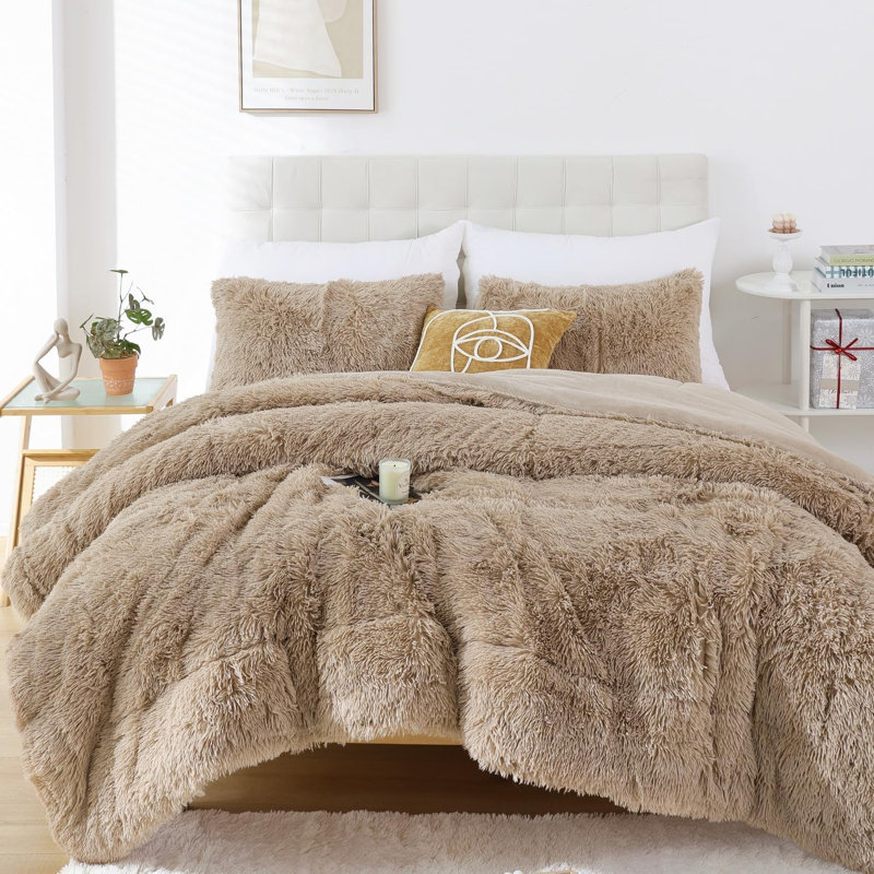 Fluffy Comforter Set 2 Pieces- All Seasons Luxury Fuzzy Comforter With One Pillowcase, Khaki