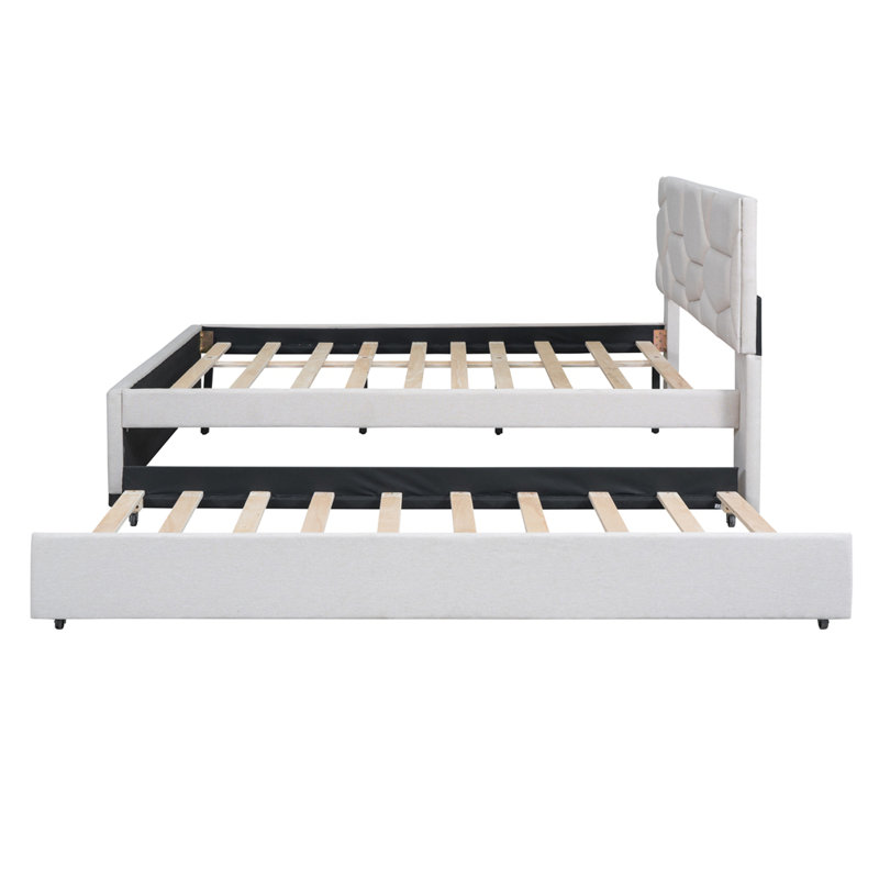 Lit plateforme tapissier avec lit gigogne, Beige, Double