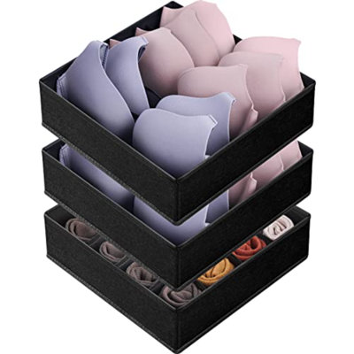 3 Pack Bra Underwear Drawer Organizer Dividers, 26 Cell Fabric Foldable Dresser Closet Organizers And Storage Boxes For Baby Clothes, Bra, Socks, Underwear, Ties (5+5+16 Slots, )