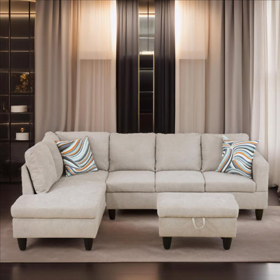 103" Verona Off-White Flannel 3-Piece Left Facing Sectional Sofa Set With Chaise And Storage Ottoman