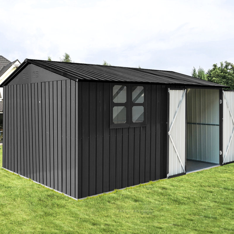 12X10 Ft Black Metal Garden Sheds Outdoor, Window, Apex Roof, Two Integrated Punched Vents, Hinged Door, Extra Security Padlock Storage With Non - Deteriorating For