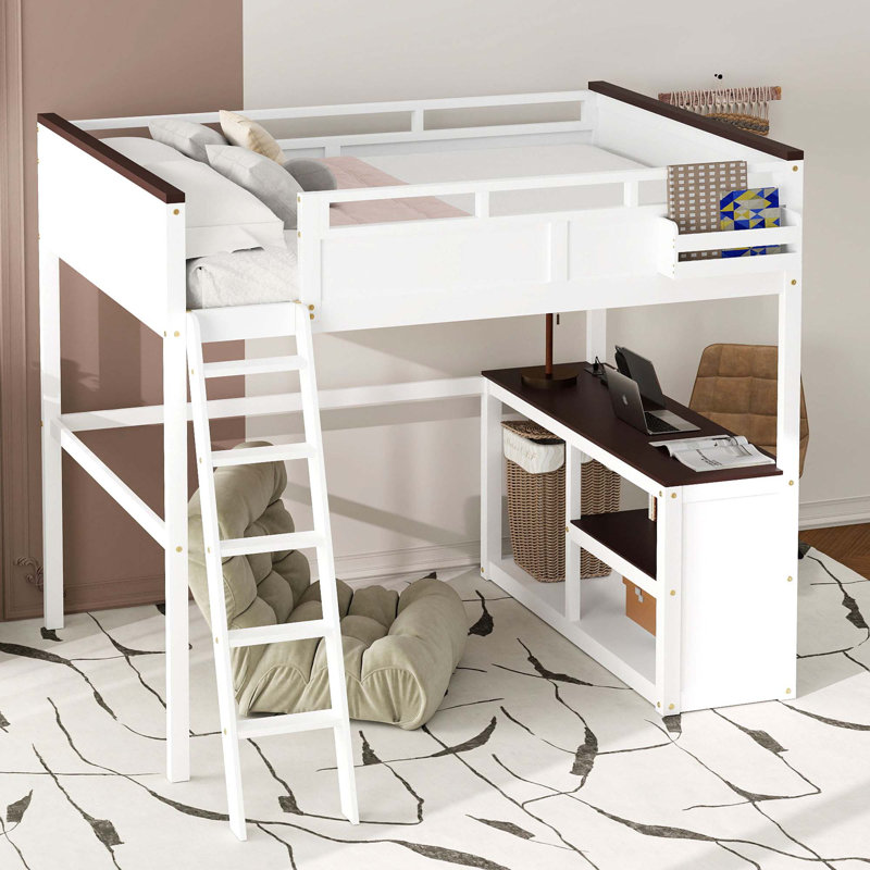 Grand lit mezzanine avec bureau, tablette ouverte et boîte de rangement, station de charge USB