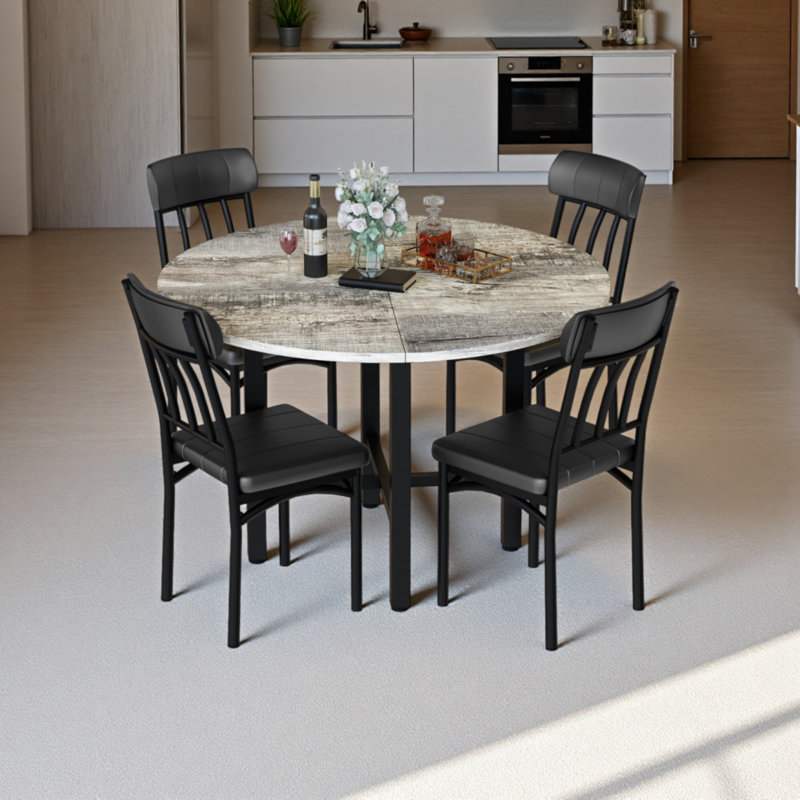 Ensemble de 5 chaises de table de cuisine, ensemble de table de salle à manger pour 4 personnes, ensemble de table de salle à manger ronde avec quatre chaises et plateau en bois, ensemble de table de salle à manger avec dossier pour les petits espaces, la salle à manger ou le salon