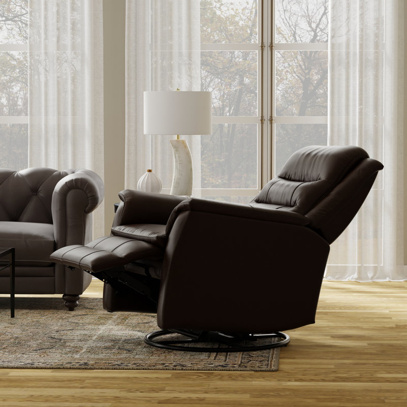 Global Home Swivel Recliner with Manual Footrest In Madras Eggshell, Dark Brown Faux Leather