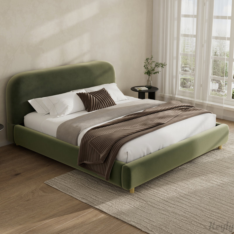 Lit plateforme tapissier avec tête de lit courbée, Très grand, Vert olive