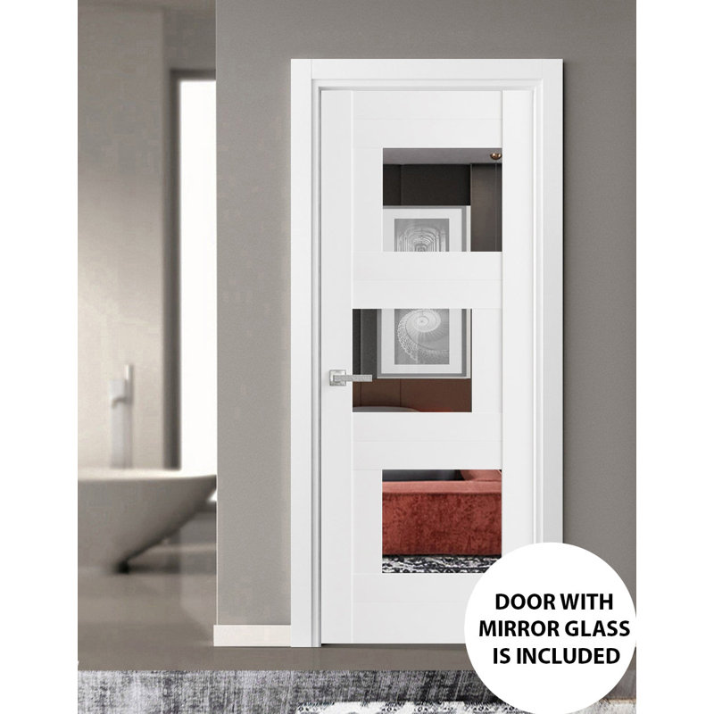 Verre opaque français solide pré-suspendu / Sete 6999 avec miroir / poignée simple à panneau régulier / portes de salle de bain modernes