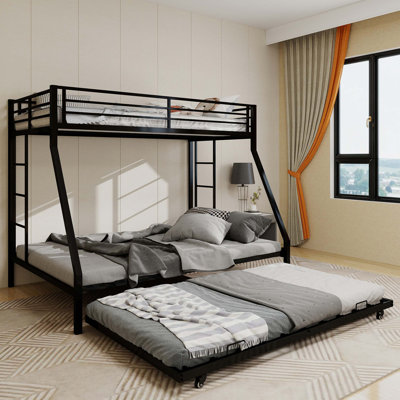 High - Stability Square Tube Bunk Bed, Featuring Ladder & Rolling Trundle, Modern Minimalist Look, Strong Load - Bearing for Home, Dormitory & Guest Room Needs-Full Size