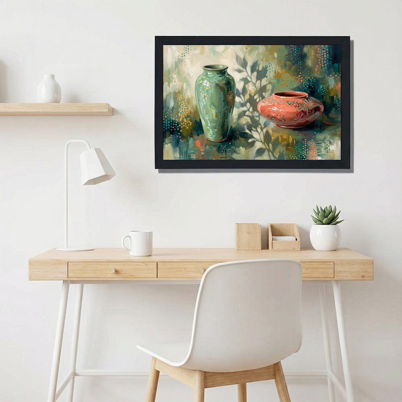 «Green Vase and Rust Pot in Abstract Style», art mural sur toile, H 16 po x l 24 po