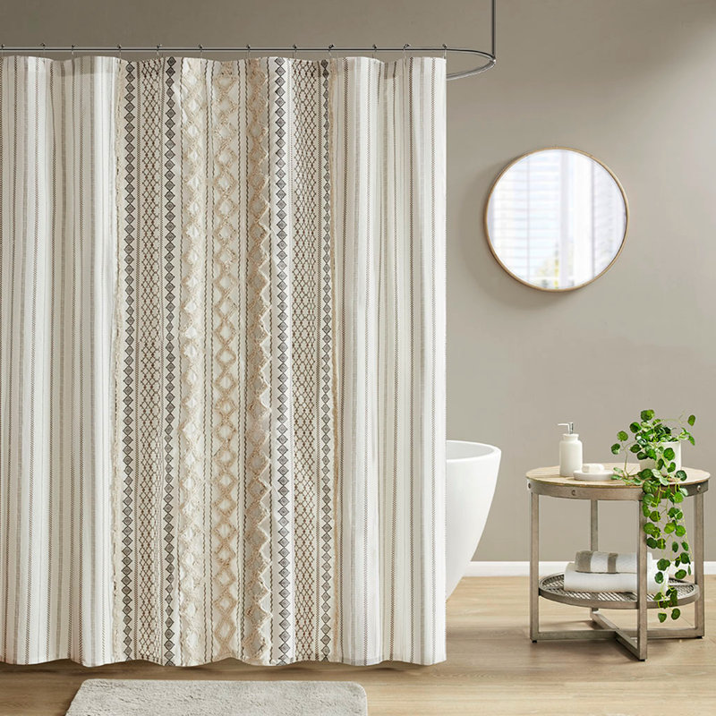 Cotton Printed Shower Curtain With Chenille, Ivory
