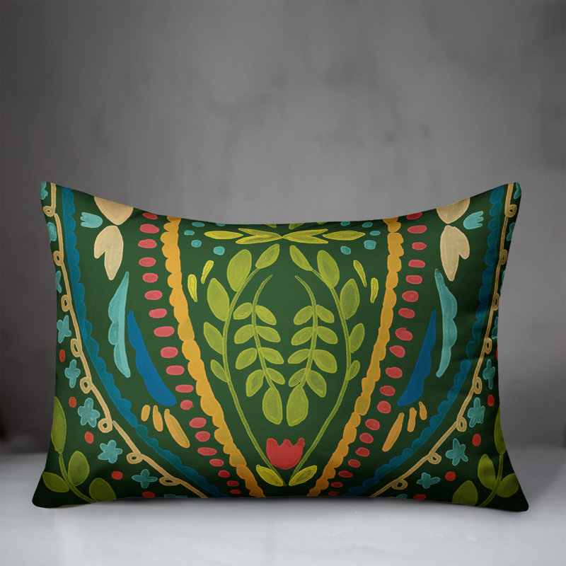 Green and Multicolor Floral Pattern 14x20 Indoor/Outdoor Lumbar Pillow