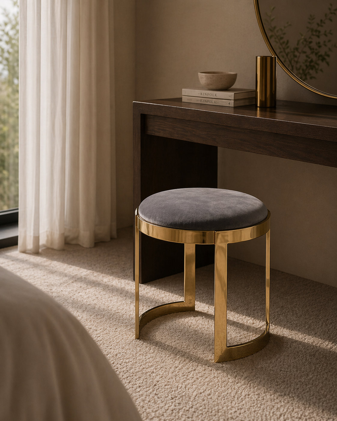 Nouri Velvet Vanity Stool, Gold, Gray