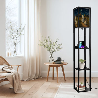 Dimmable LED Standing Floor Lamp Ghost Figure Walking Dog Under Sheet Country Path Autumn Night, MDF Frame Floor Lamp with Remote Control, 3 Color Light, for Living Room Bedroom