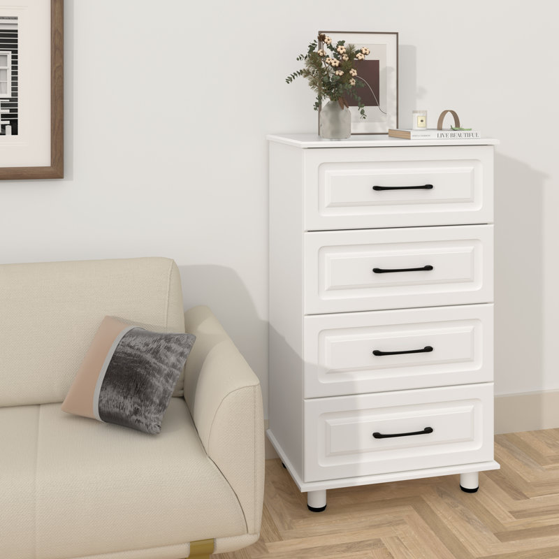 Commode 4 tiroirs, commode haute blanche pour la chambre à coucher, commode de rangement moderne avec tiroirs en bois avec poignées en acier, commode de style Mid-Century pour le salon