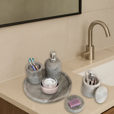 5 pièces ensemble de salle de bain 100% marbre Distributeur de savon Porte-savon Brosse à dents et plateau de coiffeuse Cotton Swab