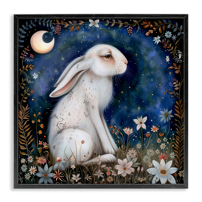 Scène de forêt de lapin blanc encadrée, estampe numérique par The Dutch Lady, H 12 po x l 12 po, Giclée encadrée noir minuit