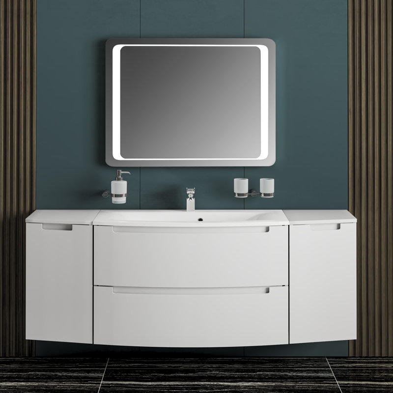 Ensemble de meuble-lavabo mural simple 39,3 po avec plateau en acrylique et miroir Jairee, Blanc ultrabrillant