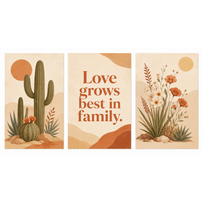 Très grand ensemble de 3 cactus du désert «Love Grows Best in Family», reproduction d'art sur toile 24 x 36 po Southwest Botanical Art for Living Room Home Decor prêt à être accroché