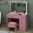 Pink Makeup Vanity Table Set Stool with USB Power Outlets, LED Lighted Mirror, Storage Drawer, Hairdryer Holder