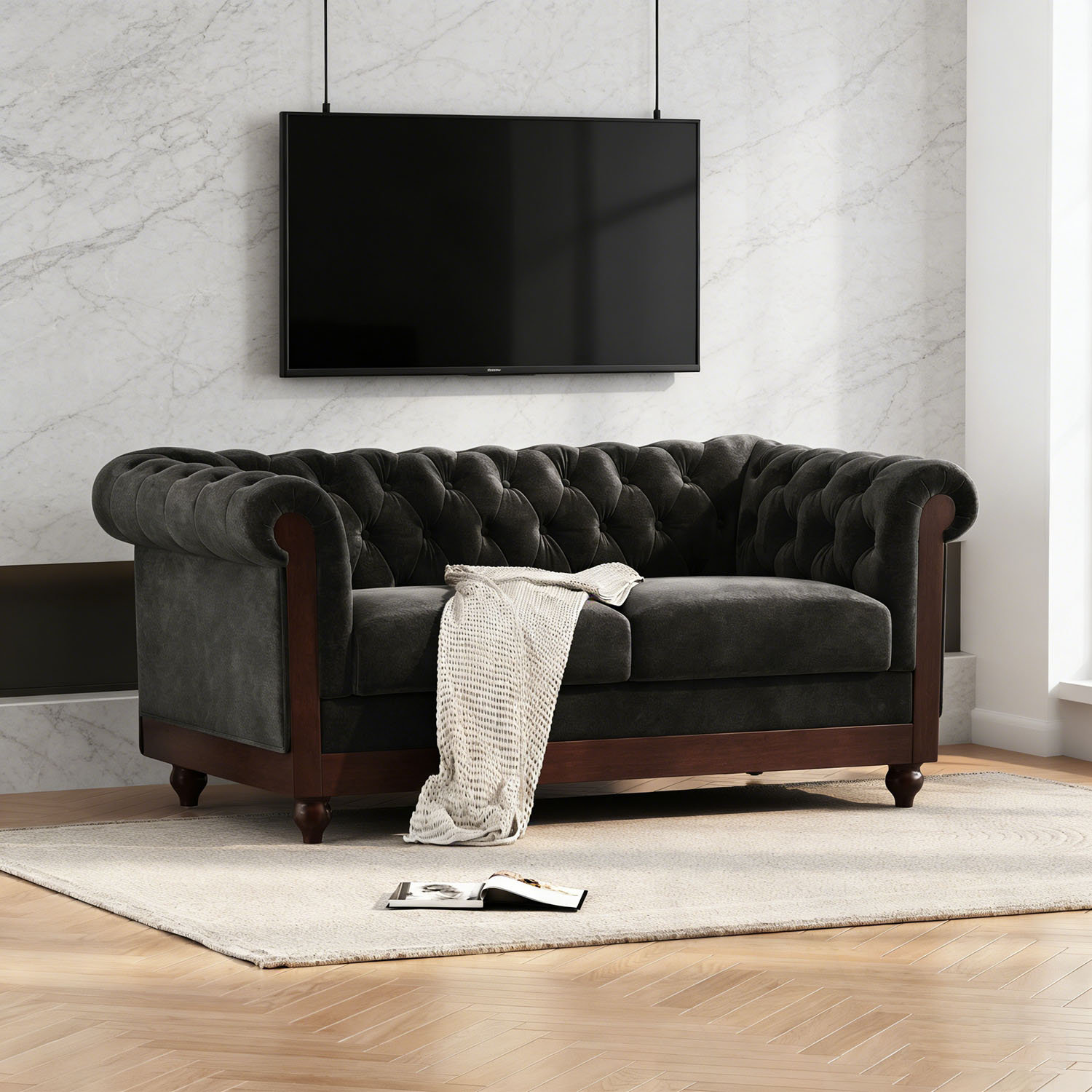 Latitude Run® Velvet Loveseat with Rolled Arm and Tufted Button back ...