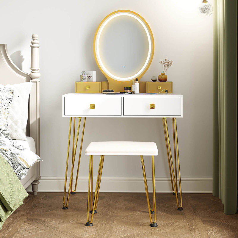 Ensemble coiffeuse et tabouret Portuna, Blanc / doré