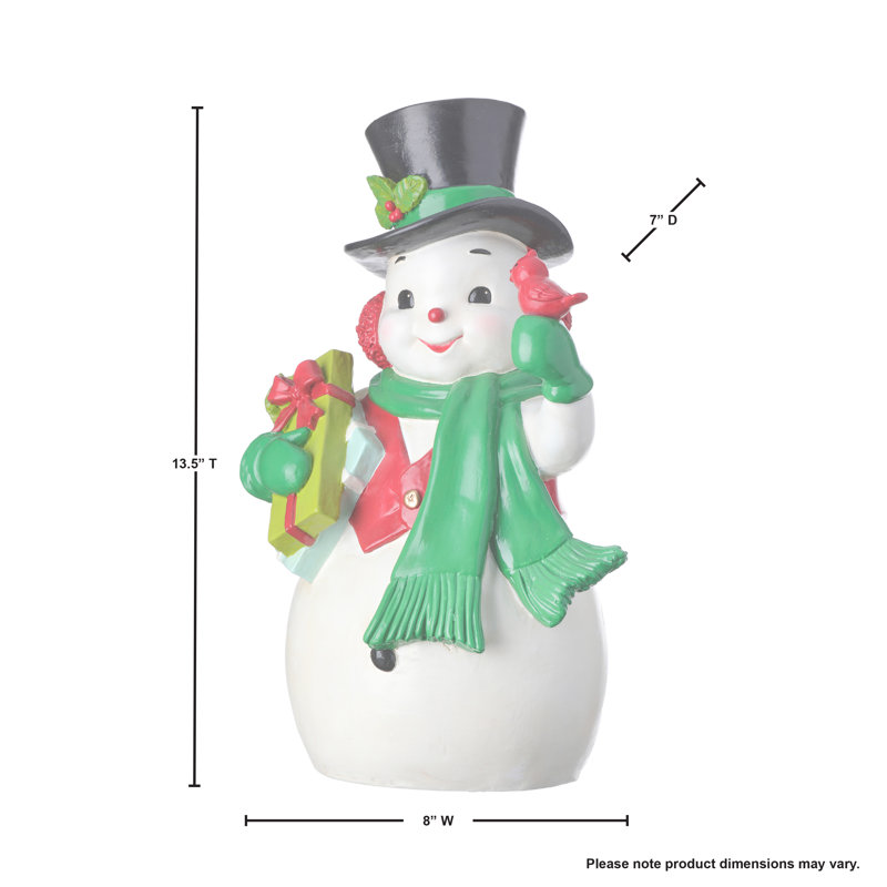 Bonhomme de neige tenant des cadeaux et un cardinal