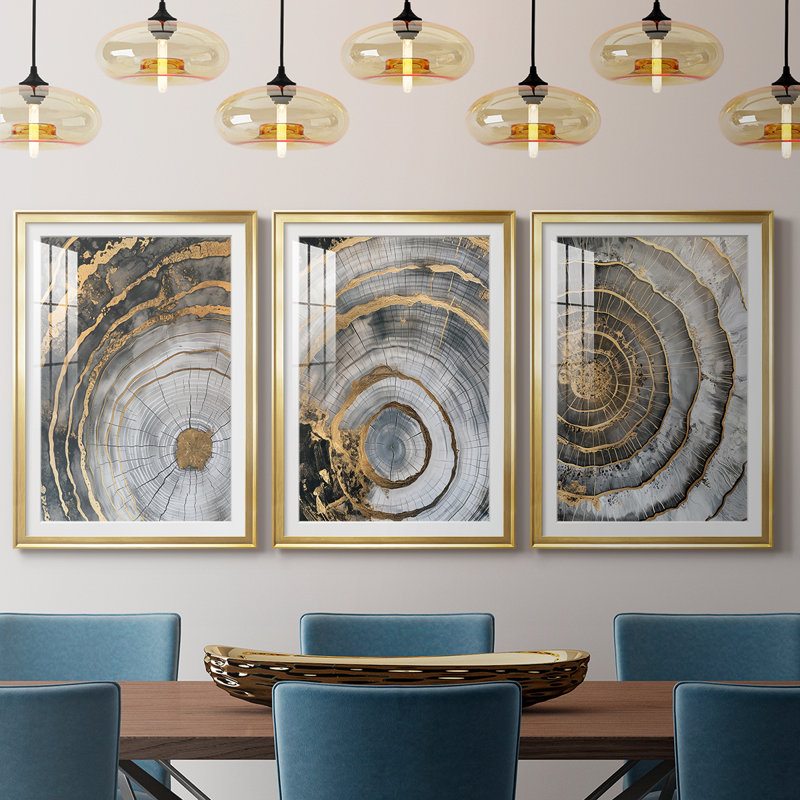 ABSTRACT Series CCLX III - Impression sur mesure avec cadre de qualité supérieure - 3 pièces, H 30 po x l 63 po, Doré