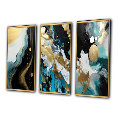 Pleine lune bonheur abstrait doré et turquoise VI - Ensemble de 3 peintures abstraites