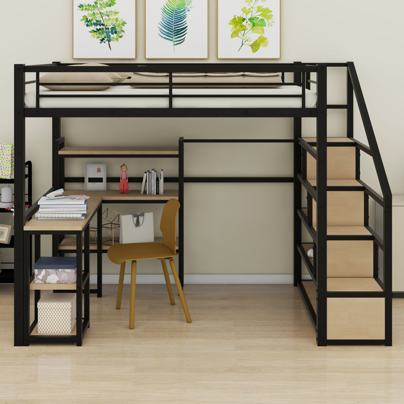 Lit mezzanine en métal avec escalier, bureau intégré et tablettes