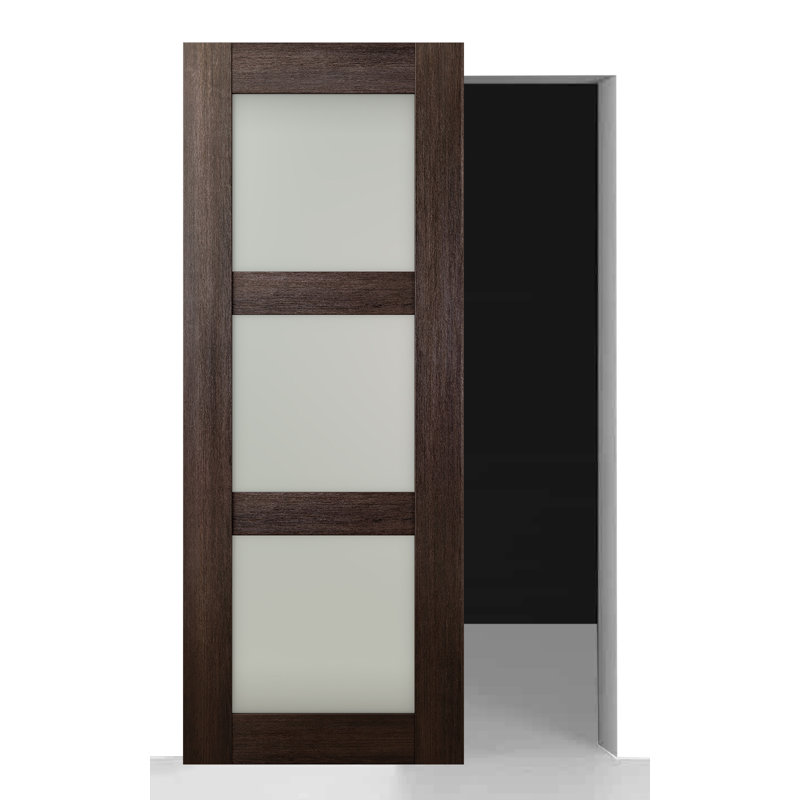 Porte de grange coulissante cachée à panneaux en bois manufacturé et en verre givré Avon 3 Lite sans panneau de base avec trousse de quincaillerie d'installation Avon