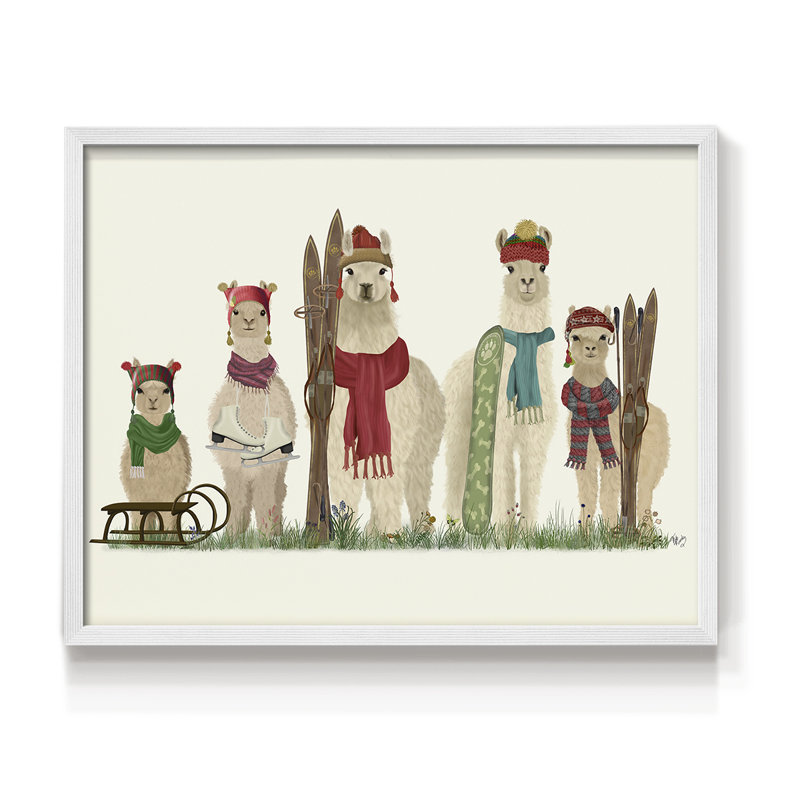 Llama Family Winter Sports - Imprimé encadré - Restickable, H 16 po x l 20 po, Blanc