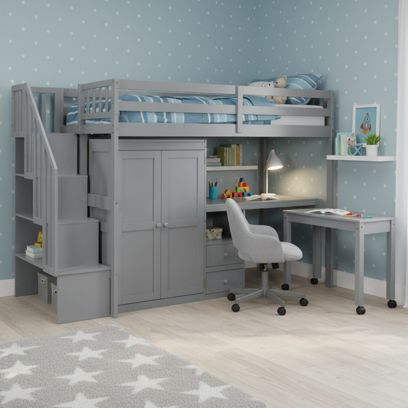 Lit mezzanine avec rangement et bureau, Simple, Gris