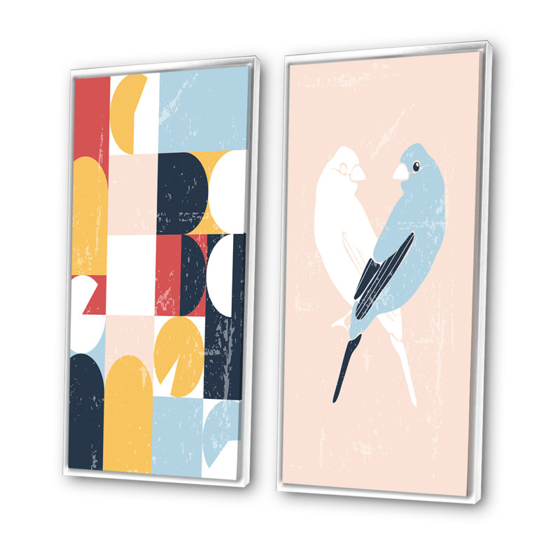 «Retro Retro Birds I», ensemble de 2 impressions, H 20 po x l 24 po x P 1 po, Toile avec cadre blanc