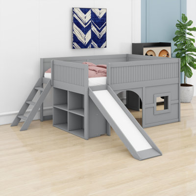 Wooden Low Loft Bed With Storage Shelves And Slide