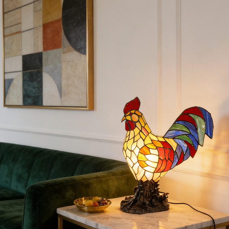 Lampe de table coq en verre coloré Tiffany