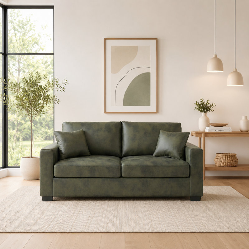 Causeuse en polyester texturé de 69 po de largeur avec 2 coussins décoratifs Solenne, Olive Green