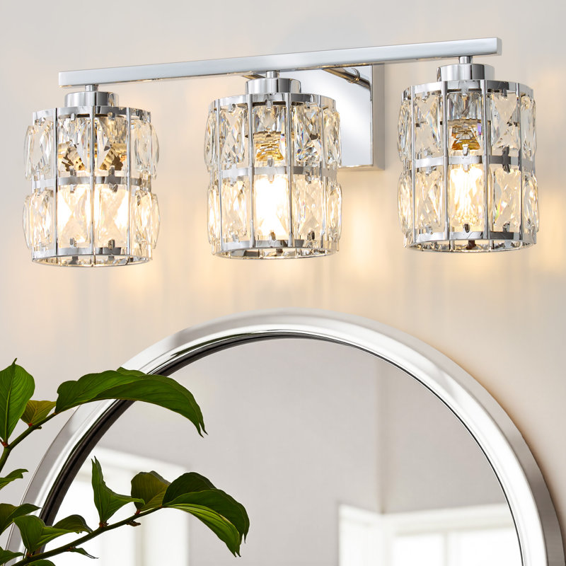 Arkin 3- Light Dimmable Bathroom Vanity Light With Cylinder Bilayer Crystal Shade, Chrome
