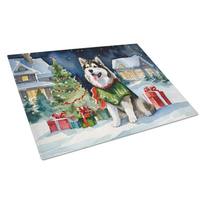 Grande planche à découper en verre Alaskan Malamute Cozy Christmas