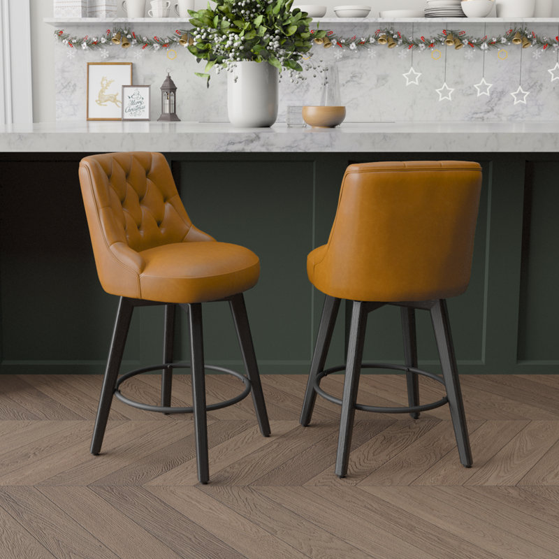 Malakeh Swivel Counter & Bar Stool with Solid Wood Frame, Ivory, Counter Stool (26.1” Seat Height)