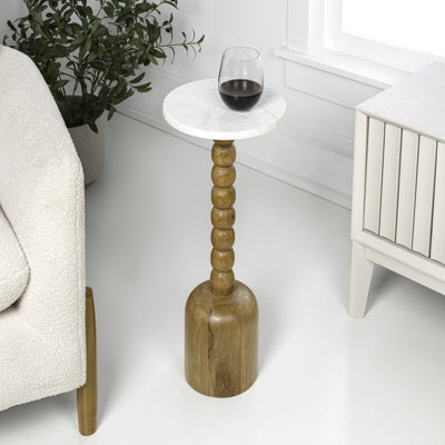 Turner Transitional 24.5" Tall Round Drink Table, Natural Mango Wood & White Pedestal Accent Side Table with Bobbin Spool Leg for Living Room
