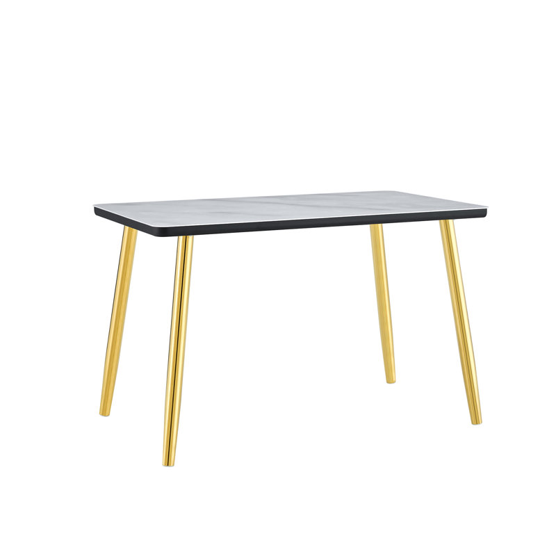 Modern Minimalist Rectangular Dining Table, Suitable For 4-6 People. Tempered Glass Countertop+Lower MDF Board, Imitation Marble Texture, Gold Metal Tapered Legs. Suitable For Minimalist Restaurants.