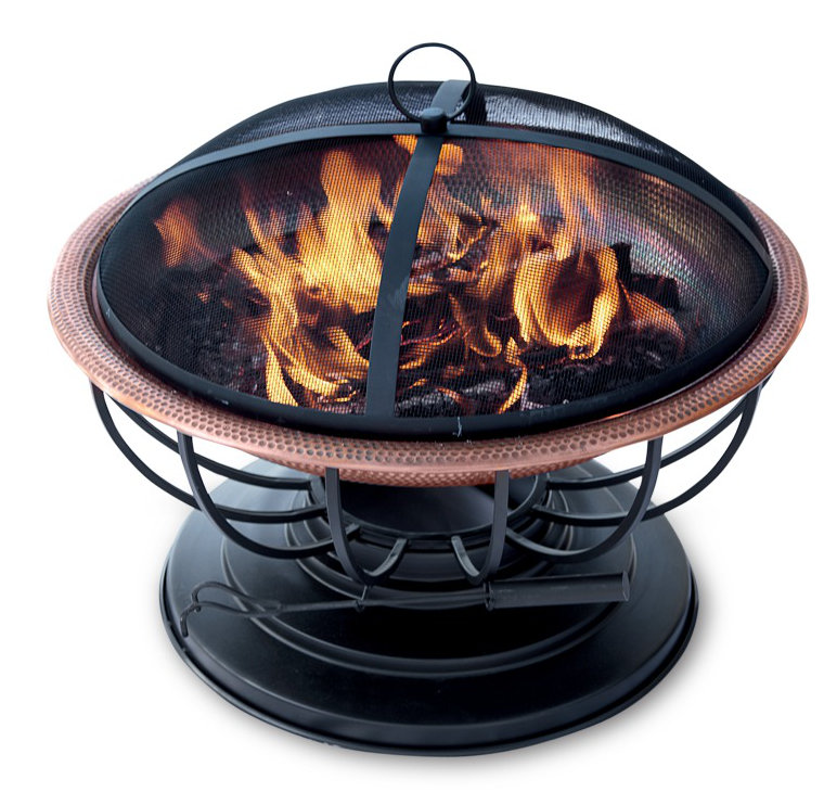 Hammered Copper Fire Pit With Copper Lid and Mesh Spark Guard (Converts to Table)